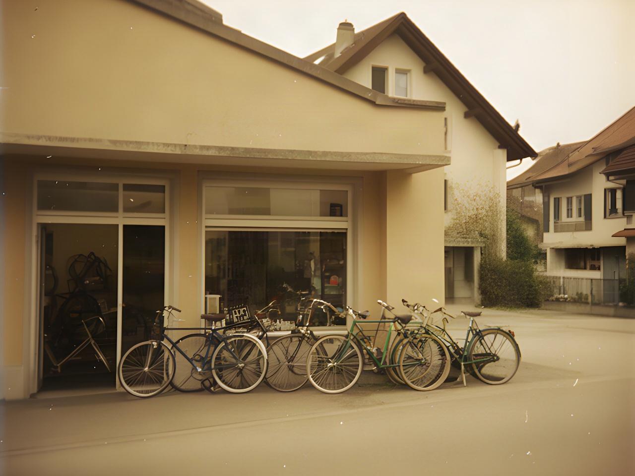 Historische Aufnahme eines kleinen Fahrradladens in Volketswil mit Fahrrädern vor dem Eingang