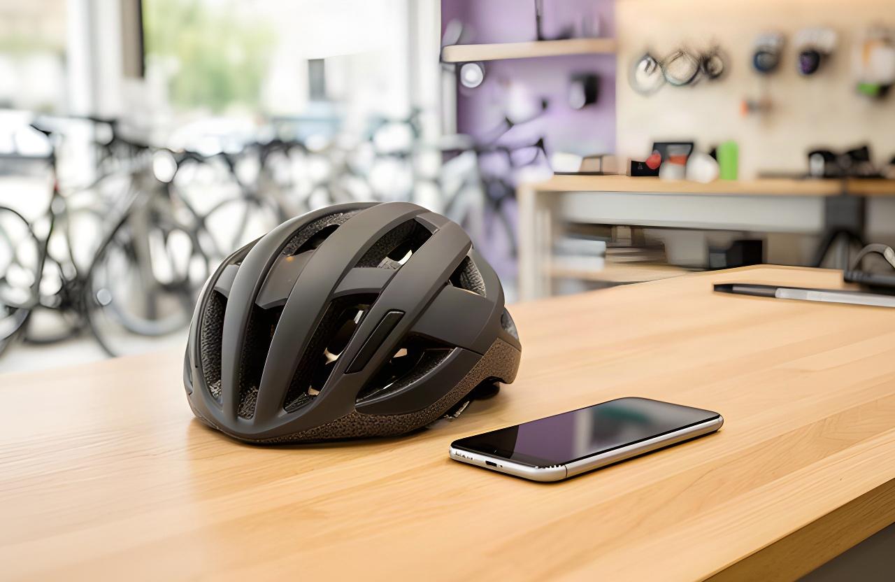 Fahrradhelm und Smartphone auf einer Werkbank in einem hellen Velofachgeschäft