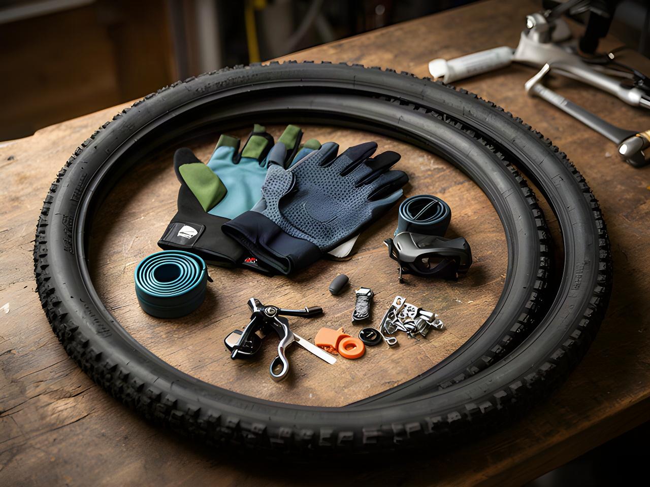 Fahrradreifen, atmungsaktive Handschuhe und Ersatzteile auf einem Holztisch im Laden