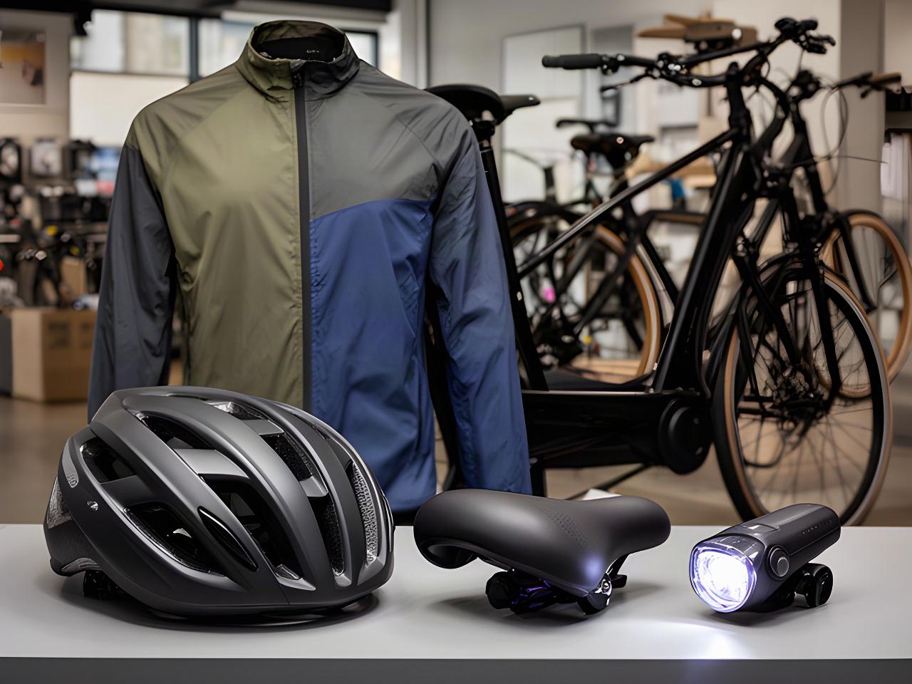 Fahrradhelm, Radjacke, Gel-Sattel und LED-Frontlampe neben einem schwarzen Citybike