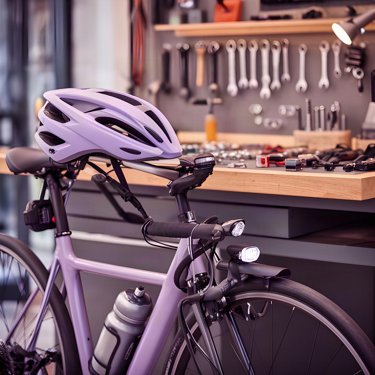 Fahrrad mit Helm und Zubehör vor einer Werkbank in einem Fachgeschäft in Volketswil