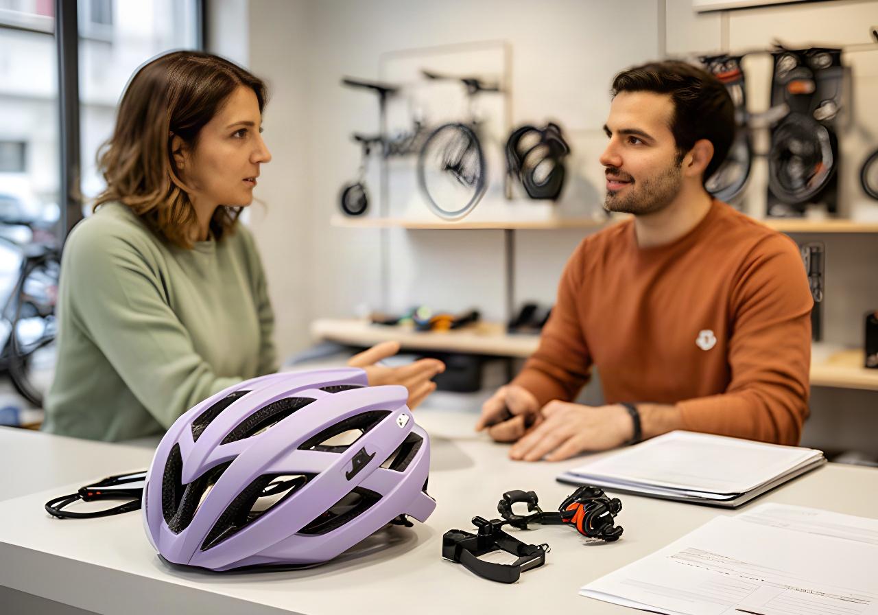 Beratung zu einem Fahrradhelm und Zubehör an einer Verkaufstheke mit schriftlichen Bestellunterlagen
