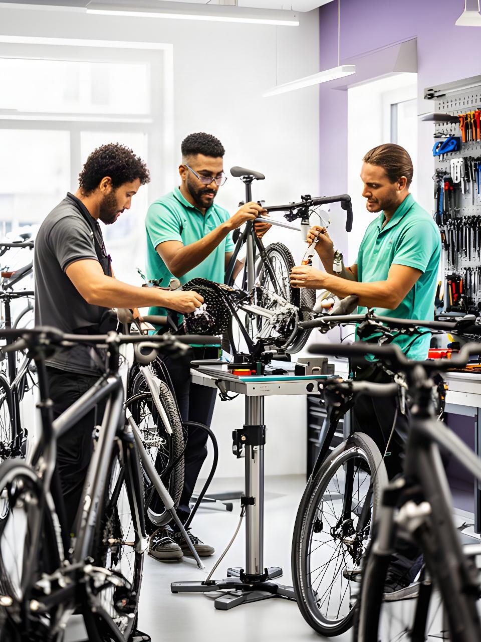 Drei Zweiradmechanikerinnen und Zweiradmechaniker in einer hellen Fahrradwerkstatt bei der gemeinsamen Arbeit