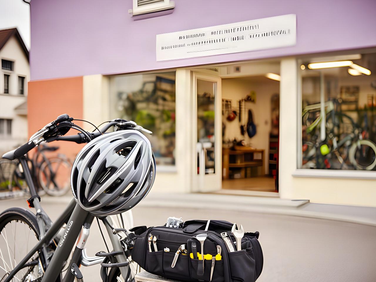 Fahrrad mit Helm und Werkzeugtasche vor einem Fachgeschäft in Volketswil