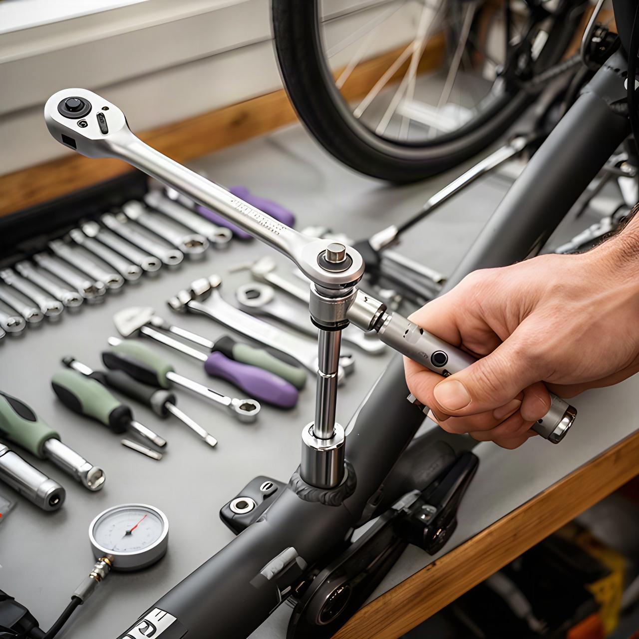 Fahrrad bei einer Inspektion mit Drehmomentschlüssel und sorgfältig geordnetem Werkstattwerkzeug