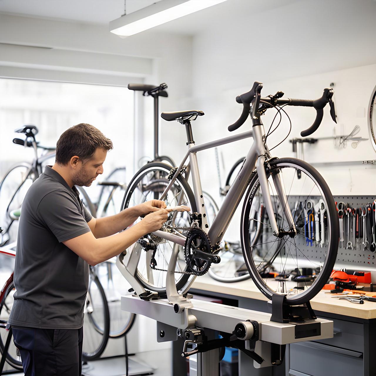 Fahrradmechaniker prüft ein Rennrad auf dem Montageständer in einer hellen Werkstatt
