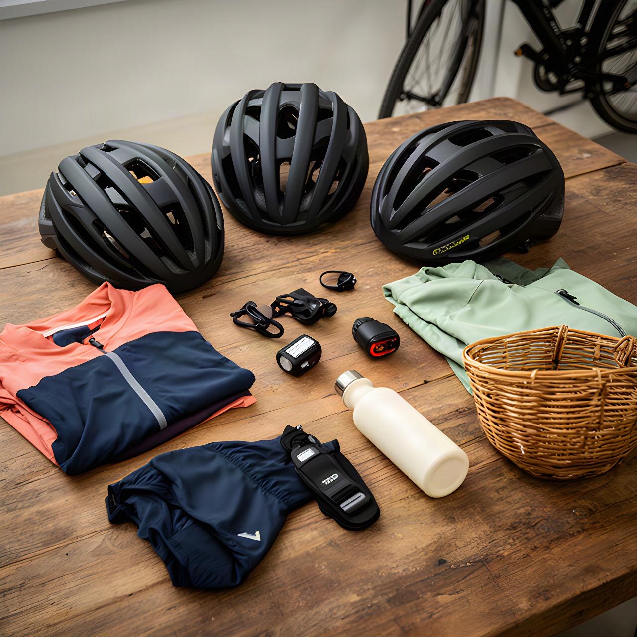 Auswahl an Fahrradhelmen, Funktionsbekleidung und Beleuchtung auf einem Holztisch