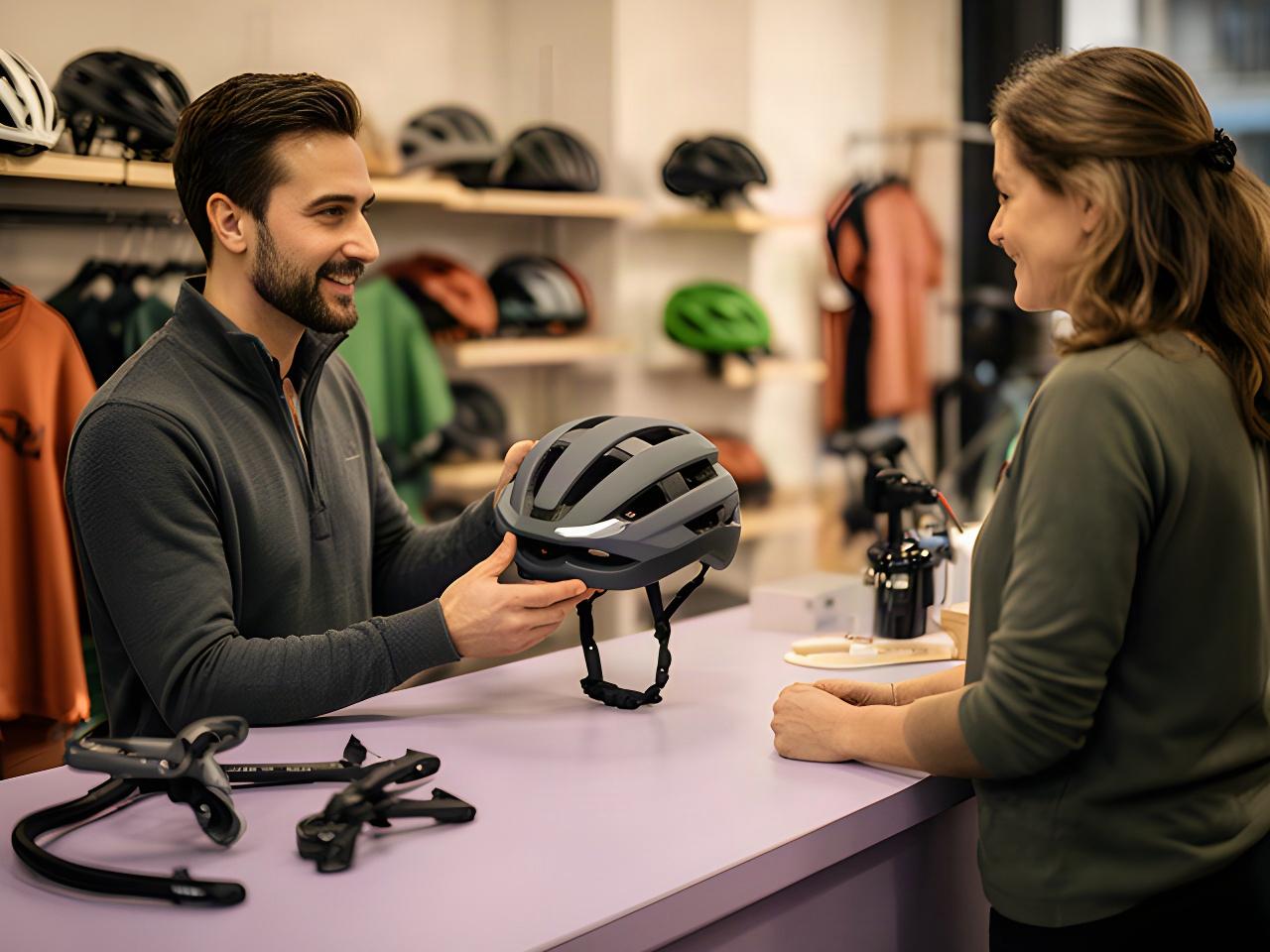 Beratung zu Fahrradhelm und Zubehör an einer Ladentheke in Volketswil
