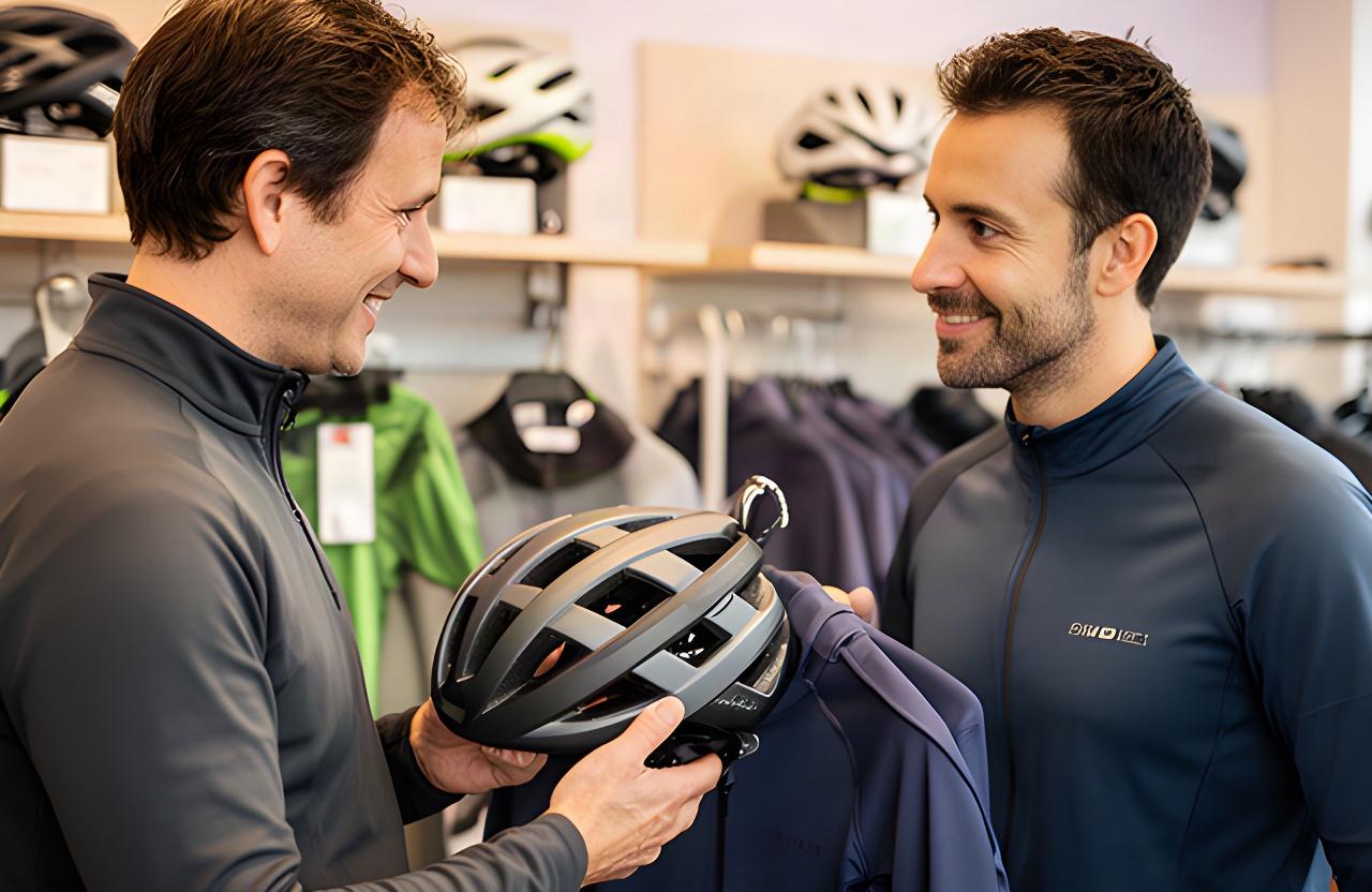 Persönliche Beratung zu Fahrradbekleidung und Helm in einem Schweizer Fachgeschäft